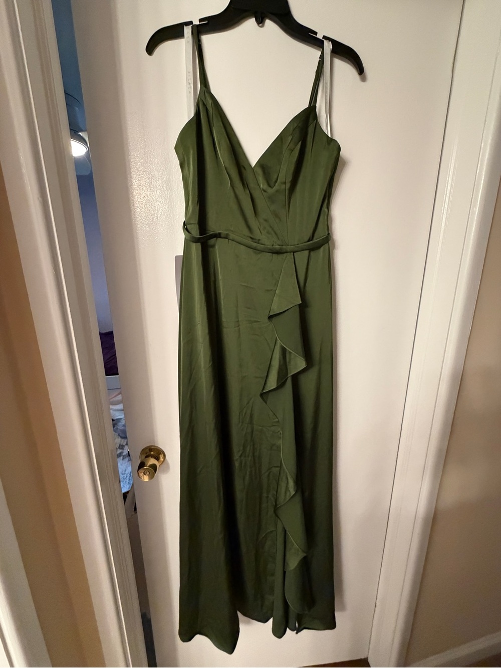 Olive Green Satin V-Neck Bridesmaid or Wedding Guest Dress with Ruffle Slit